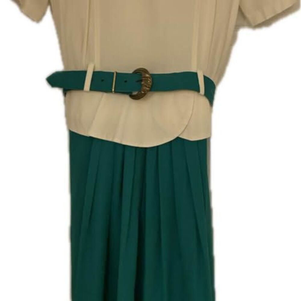 Vintage Stuart Alan Cream & Green Pleated Belted Dress with Peplum